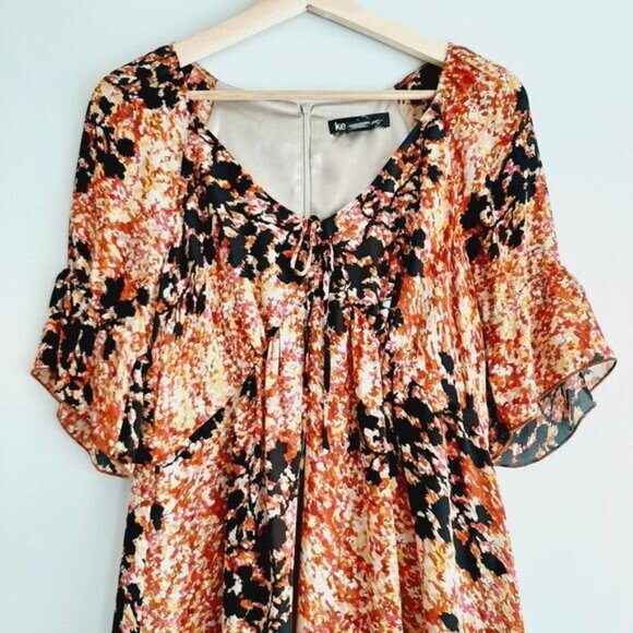 KENZIE Pretty / 100% Silk Flowy V-Neck Midi Knee Length Dress Abstract Floral M - Picture 3 of 15
